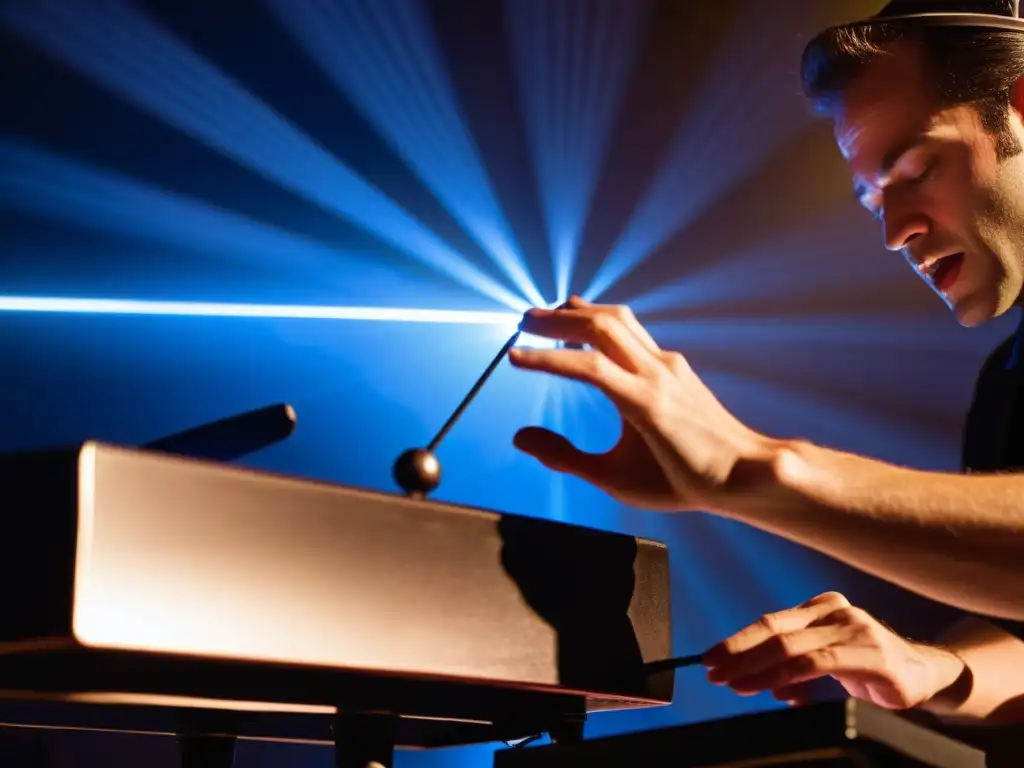 Un músico tocando un theremin en un escenario durante una actuación de jazz, fusionando tecnología y arte