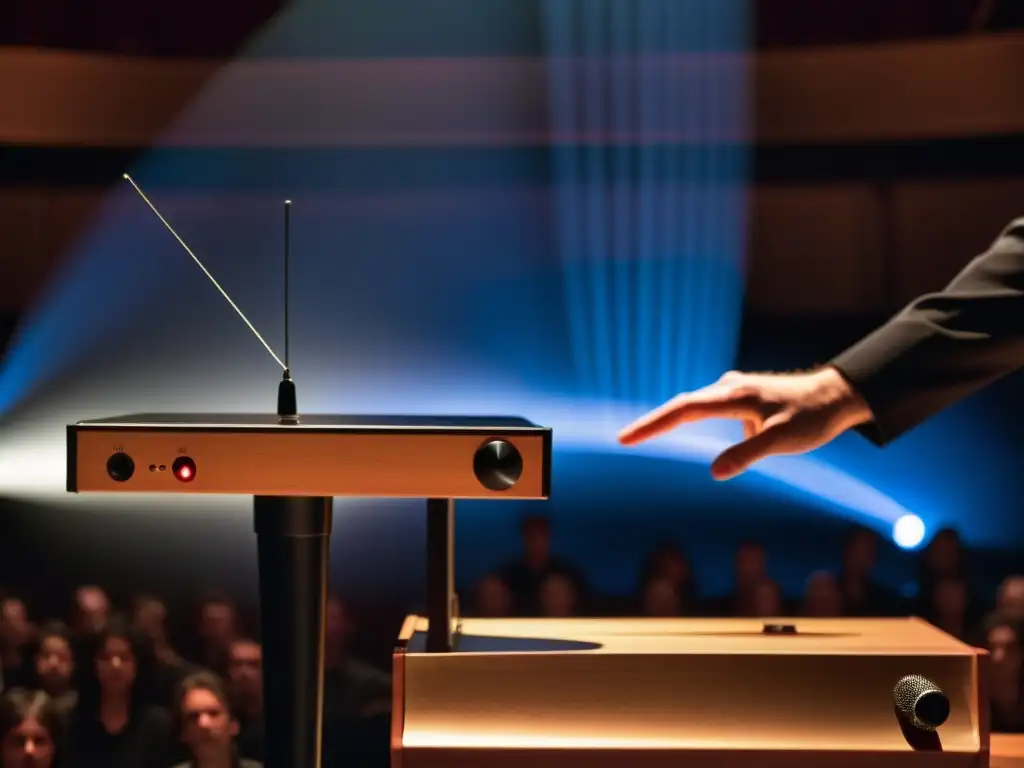 Un músico toca un theremin en un escenario, con la audiencia cautivada en la penumbra