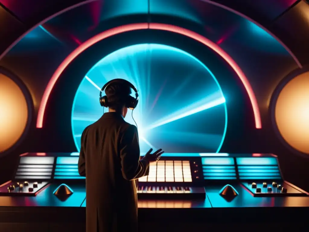 Silueta del músico tocando el theremín en nave espacial retrofuturista Un músico toca un theremín en una nave retrofuturista