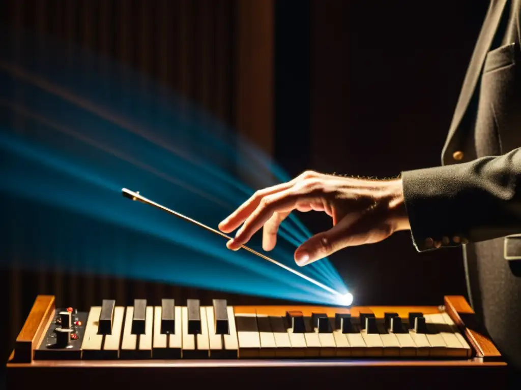 Un músico toca un theremin vintage en un entorno atmosférico, capturando la esencia etérea del instrumento y su historia y funcionamiento