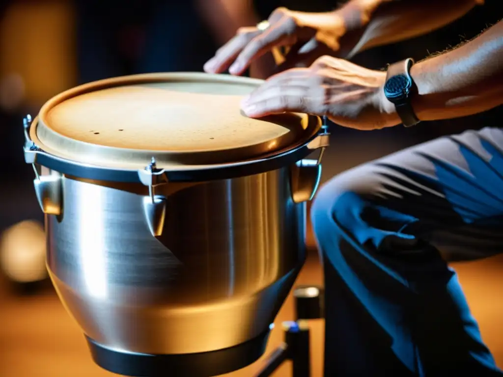 Un músico toca un timbal con destreza en una animada presentación de salsa