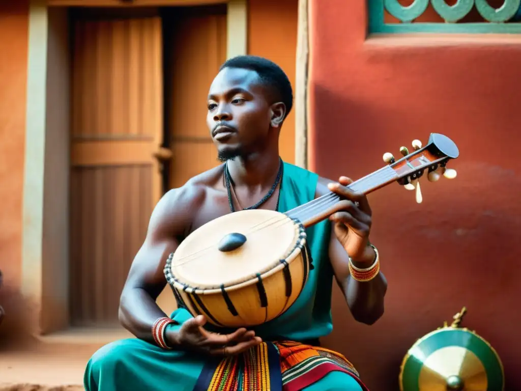 Un músico tradicional africano tocando un udú, rodeado de elementos culturales vibrantes