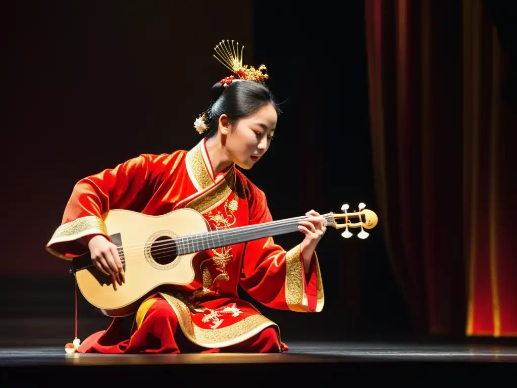 Un músico tradicional chino toca la suona en un teatro tenue, cautivando al público con su actuación emotiva