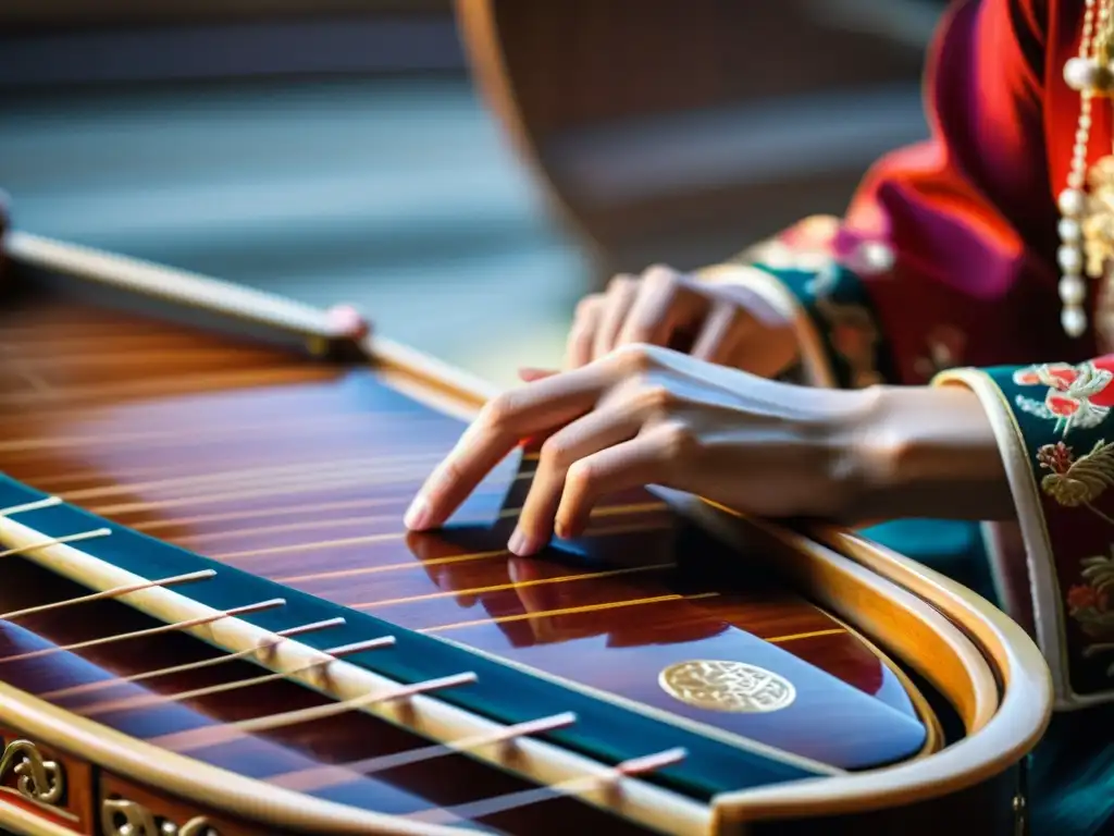 Un músico viste atuendo tradicional chino, tocando un guzheng