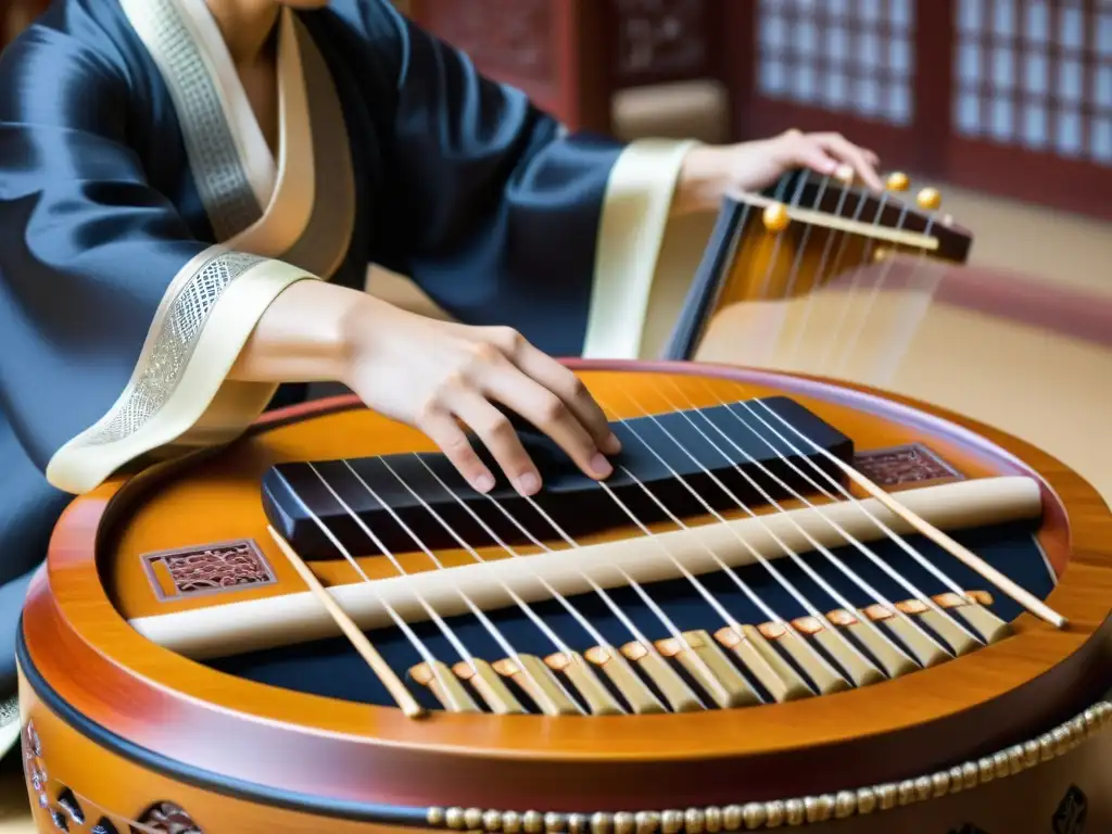 Un músico viste atuendo tradicional coreano y toca brillantemente un Gayageum, destacando su rica historia y sonido