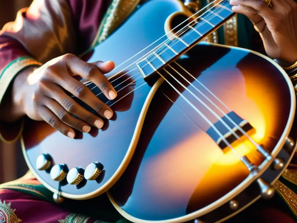 Un músico toca un sitar tradicional con destreza, resaltando los detalles de las cuerdas y los accesorios