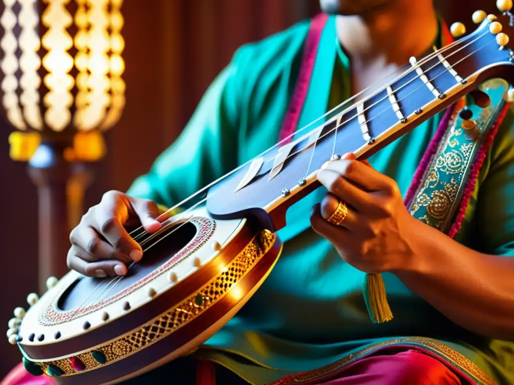 Un músico toca un sitar tradicional, resaltando sus detalles intricados y colores vibrantes