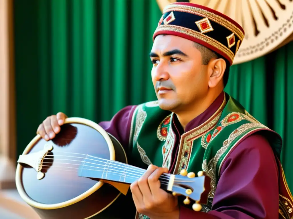 Un músico tradicional de Turkmenistán toca el Dutar con expresión concentrada, en un bullicioso mercado