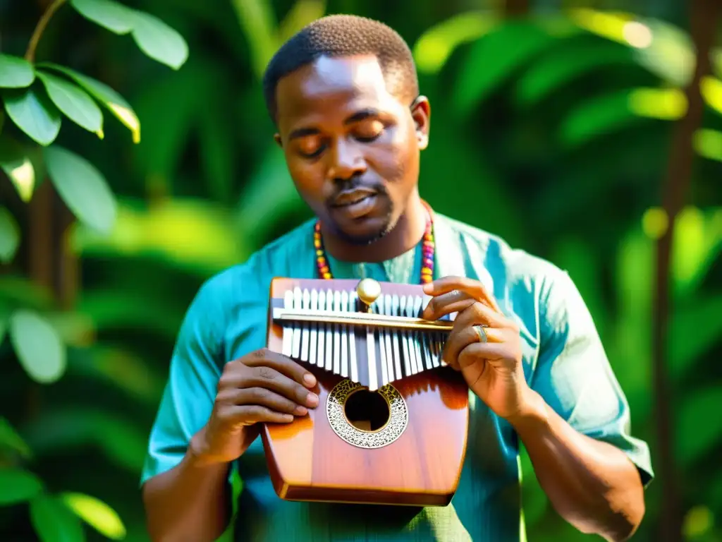 Un músico tradicional africano toca la kalimba entre exuberante vegetación, mostrando la conexión entre música, naturaleza y tradición