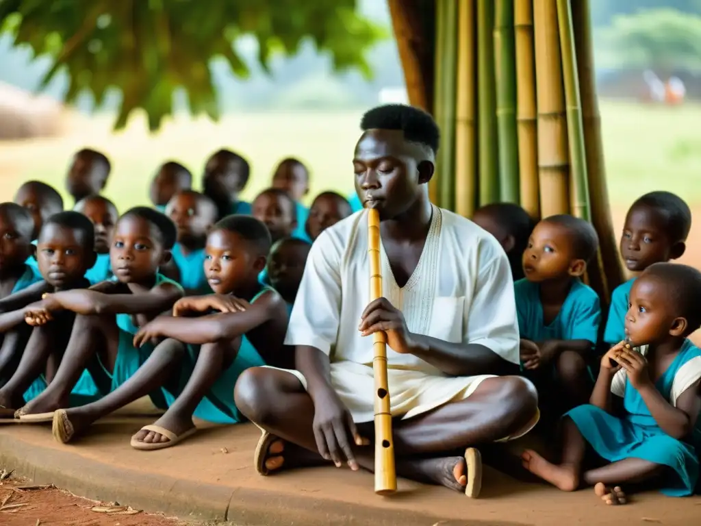 Un músico tradicional de Ghana toca una flauta de bambú mientras los niños lo observan con admiración en un pueblo rural