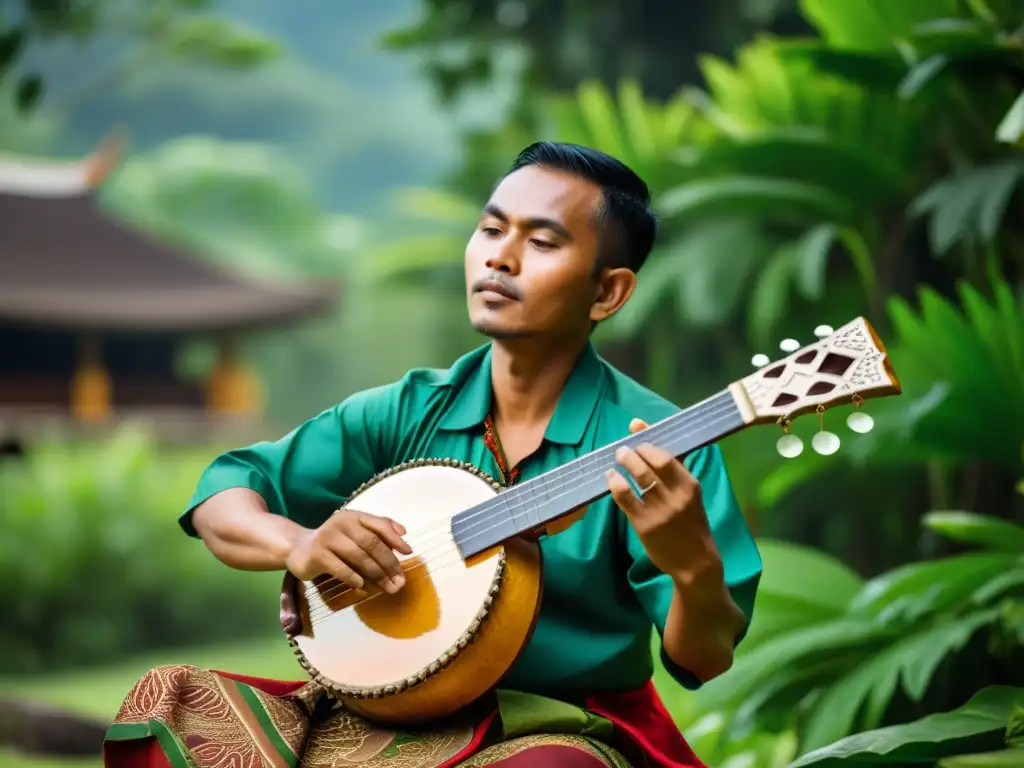 Un músico tradicional indonesio toca el rebab, con detalles intrincados y expresión enfocada