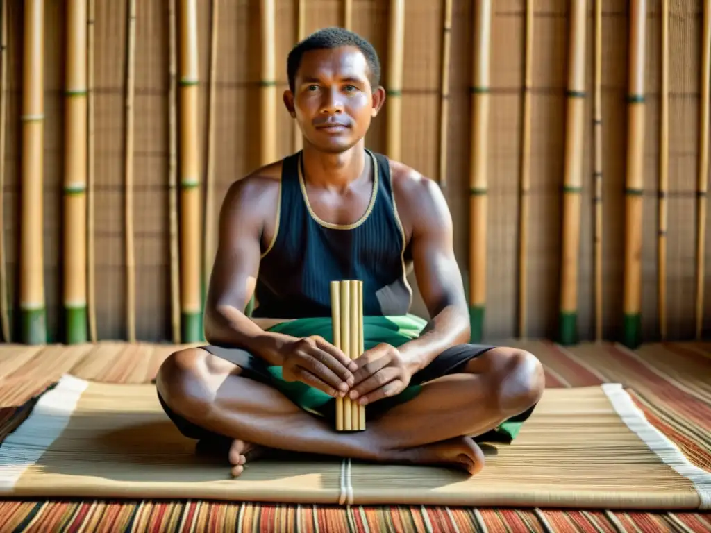 Un músico tradicional malgache toca serenamente un laúd tubular de bambú Madagascar, evocando la herencia cultural y musical de Madagascar