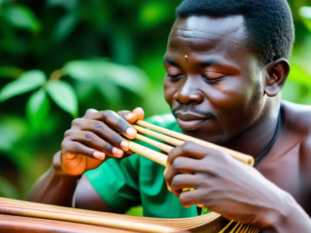 Un músico tradicional ugandés toca la lira de Uganda Budongo en el exuberante bosque, mostrando detalles intrincados