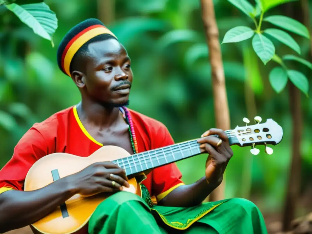 Un músico tradicional ugandés toca la lira en el exuberante Bosque Budongo, exudando historia y cultura de la lira de Uganda Budongo