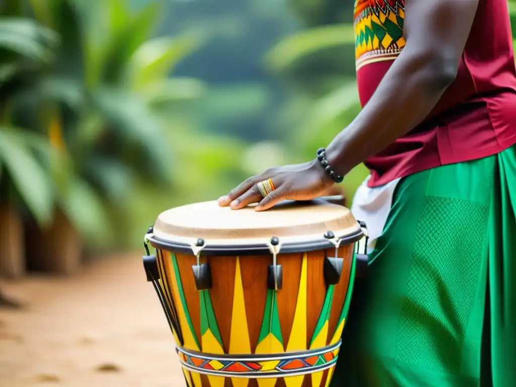 Un músico toca un tambor tradicional de madera en un vibrante mercado de Ghana, reflejando los ritmos curativos y la rica herencia musical del país