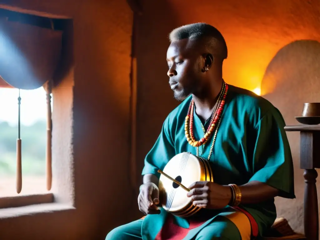 Un músico tradicional de Zimbabue toca el Mbira en una habitación iluminada por el suave atardecer