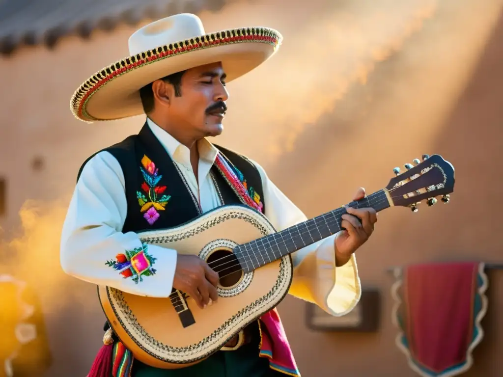 Un músico tradicional mexicano toca la vihuela, instrumento de historia vihuela mexicana música ranchera, en un entorno colorido y lleno de pasión