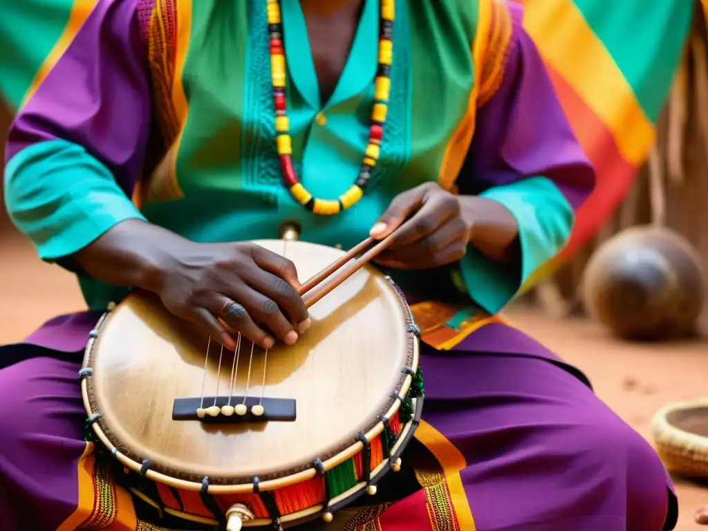 Un músico tradicional de África Occidental toca el xalam con destreza, vistiendo atuendo vibrante