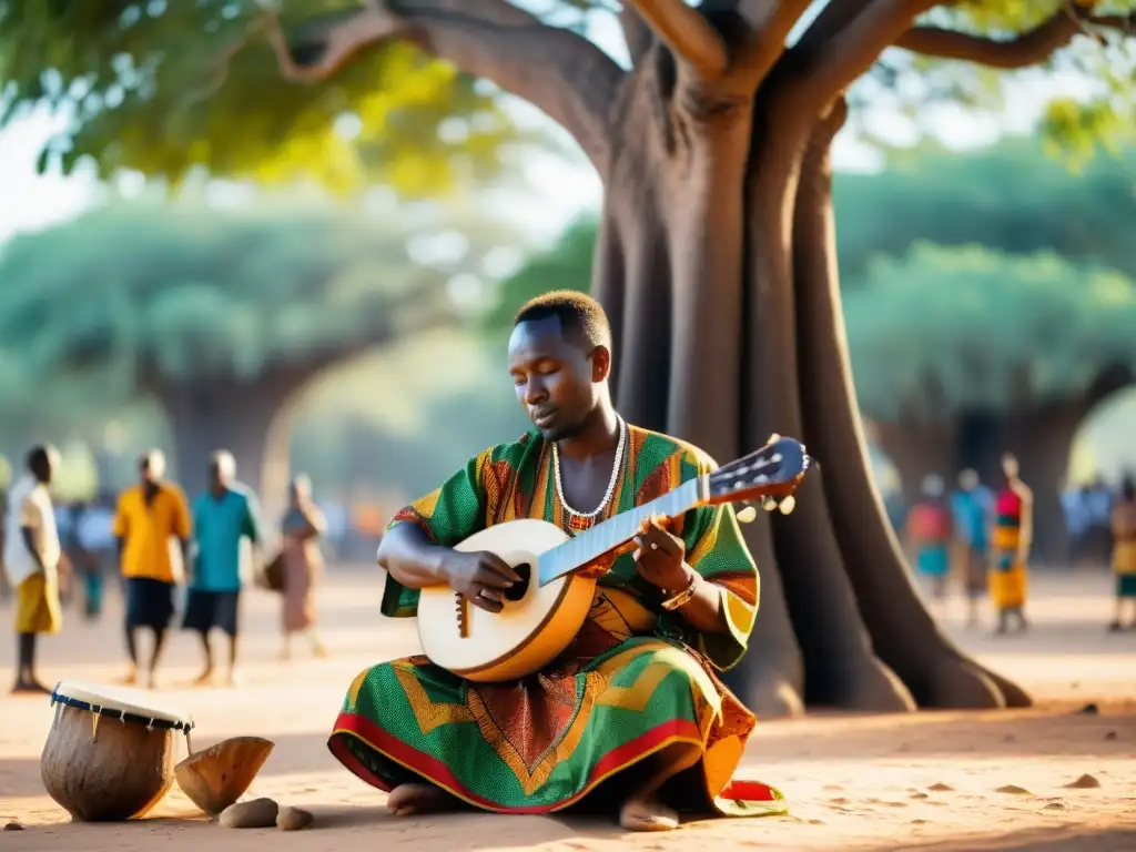 Un músico tradicional de África Occidental toca el xalam bajo la sombra de un baobab, rodeado de espectadores