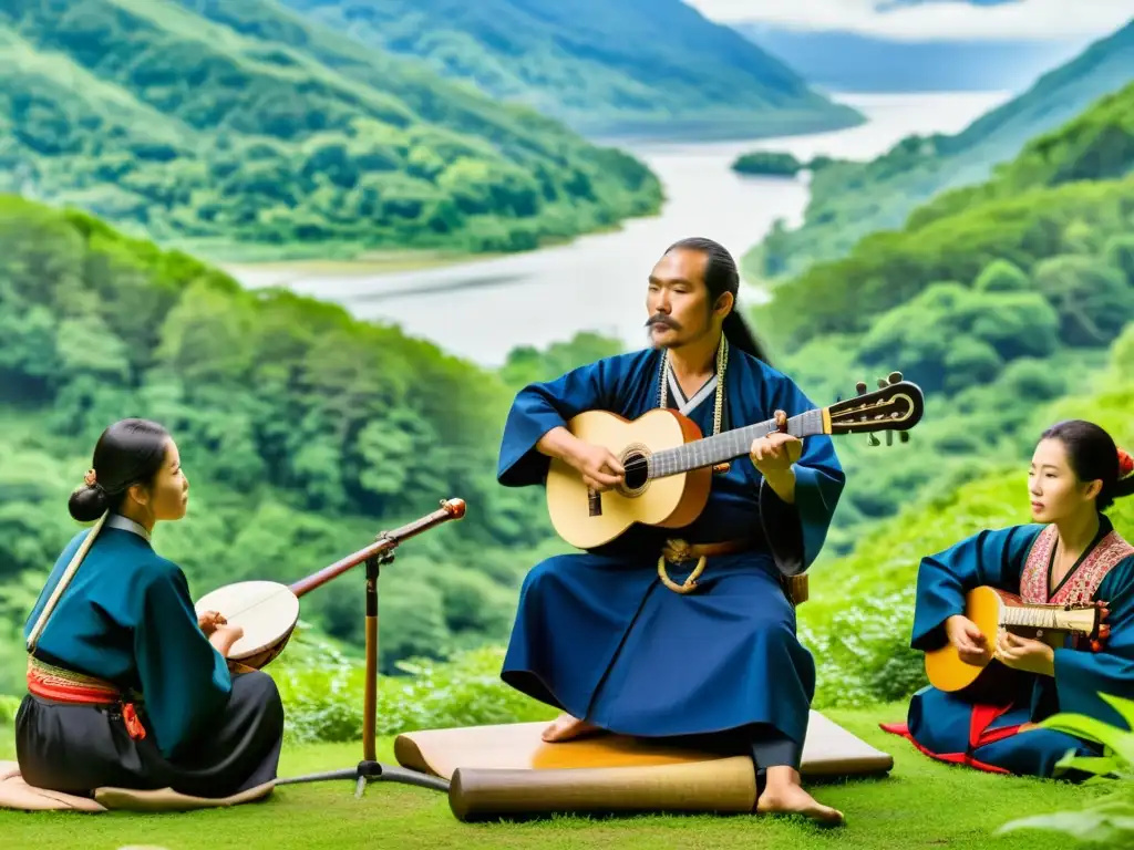 Un músico tradicional Ainu toca el tonkori en un paisaje boscoso de Hokkaido, Japón, rodeado de espectadores