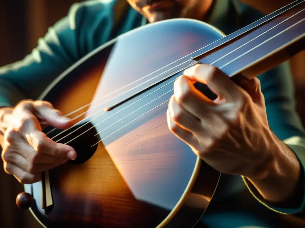 Un músico toca hábilmente una balalaika tradicional rusa, destacando sus detalles y evocando tradición y artesanía