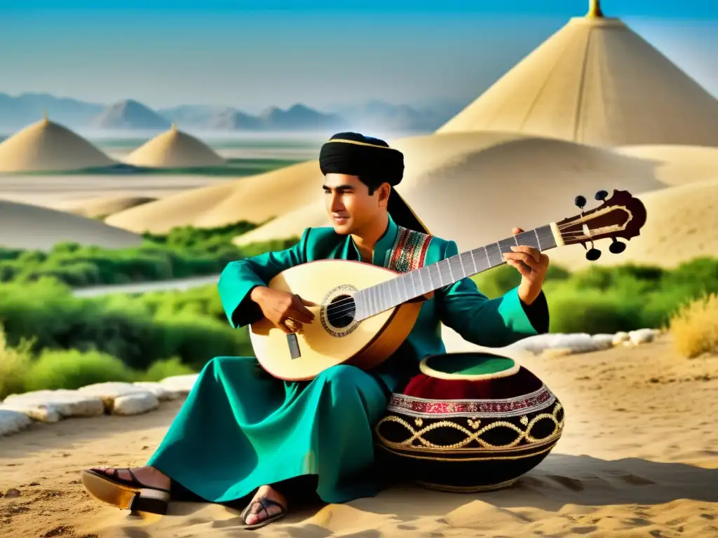 Un músico tradicional turcomano toca el Dutar en el paisaje de Turkmenistán, evocando la historia del Dutar de Turkmenistán