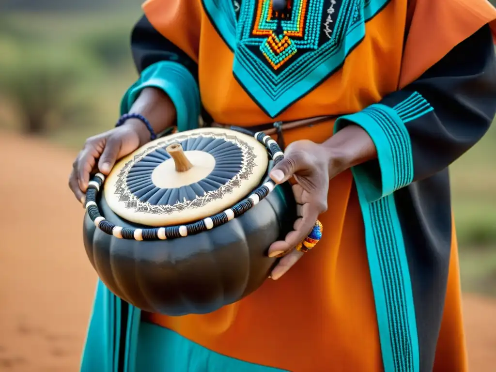 Un músico tradicional Xhosa sostiene un uhadi, un arco resonador de calabaza, con tallados intrincados y vibrantes adornos