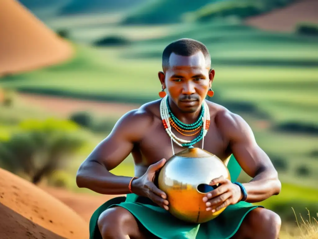 Un músico tradicional Xhosa toca el uhadi en un entorno rural