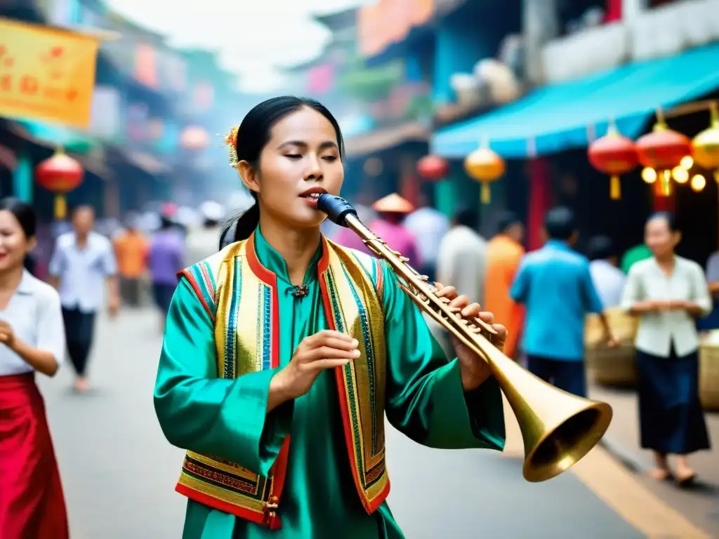 Un músico tradicional vietnamita toca el kèn en un bullicioso mercado, capturando la rica atmósfera cultural y el sonido del kèn vietnamita