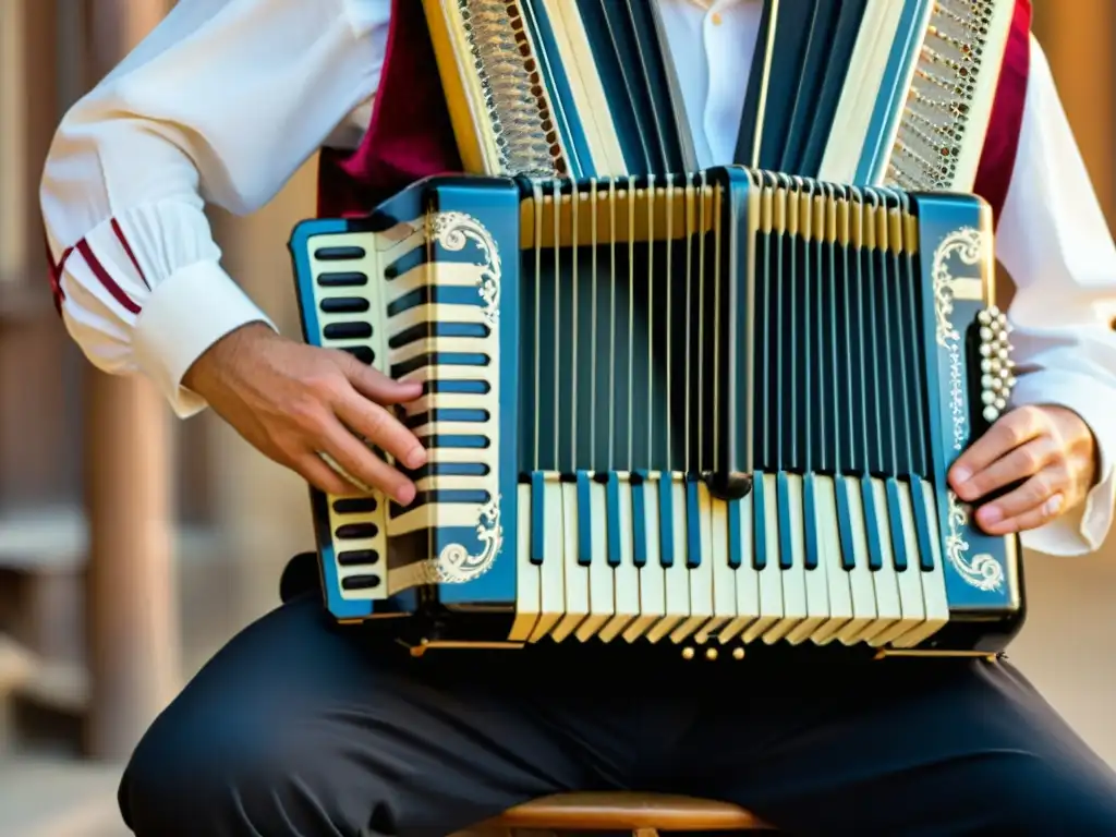 Un músico en traje tradicional balcánico toca un acordeón vintage desgastado con diseño pintado a mano