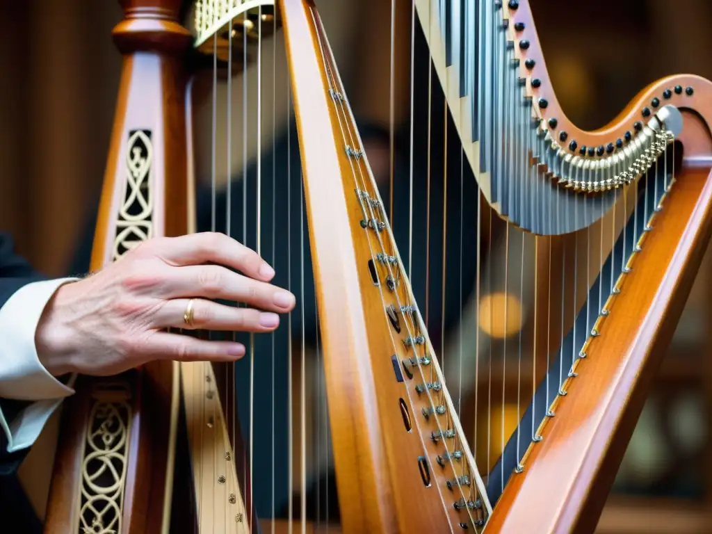 Un músico viste traje celta y toca una arpa galesa en el Festival de la Canción de Eisteddfod, resaltando la rica herencia cultural