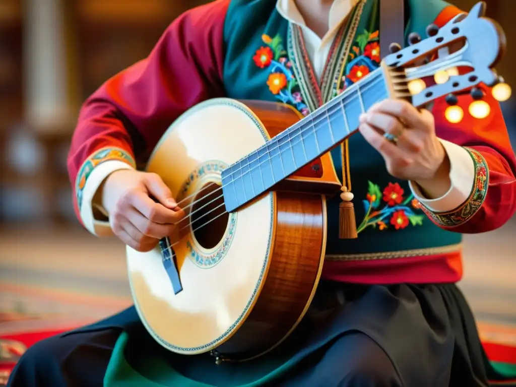 Un músico viste traje folclórico y toca un hardingfele noruego con decoraciones florales y geométricas