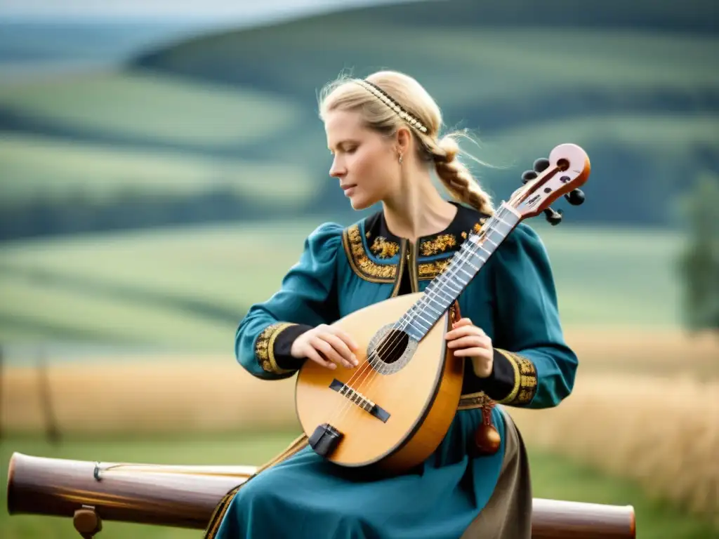 Un músico viste traje folclórico sueco y toca una nyckelharpa en un escenario campestre sereno, destacando la historia nyckelharpa sueco música folk