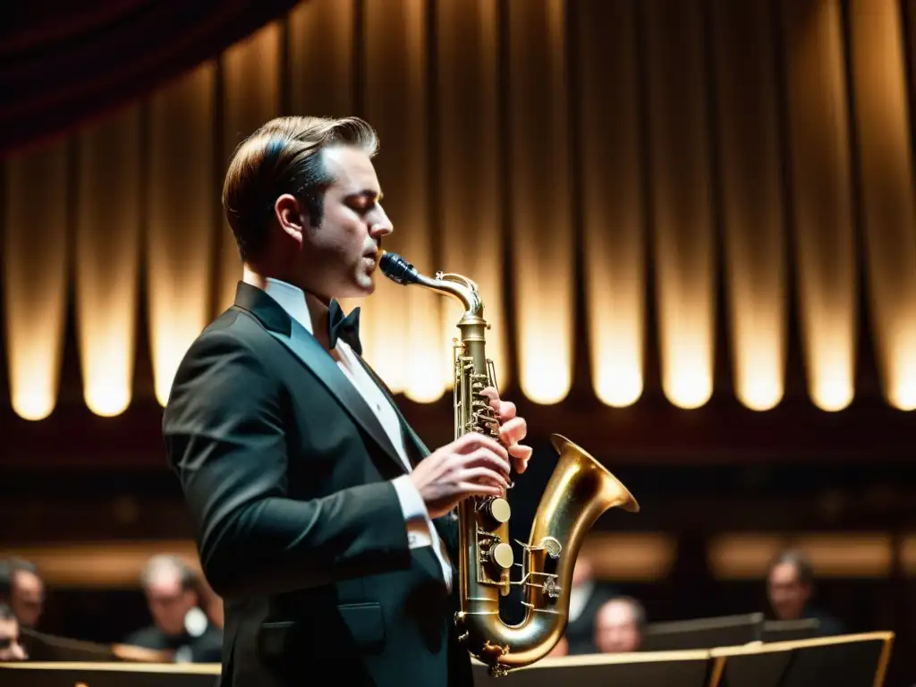 Un músico en traje formal toca el oscuro sonido del heckelphone en una orquesta, destacando su rica tonalidad y detalles artesanales