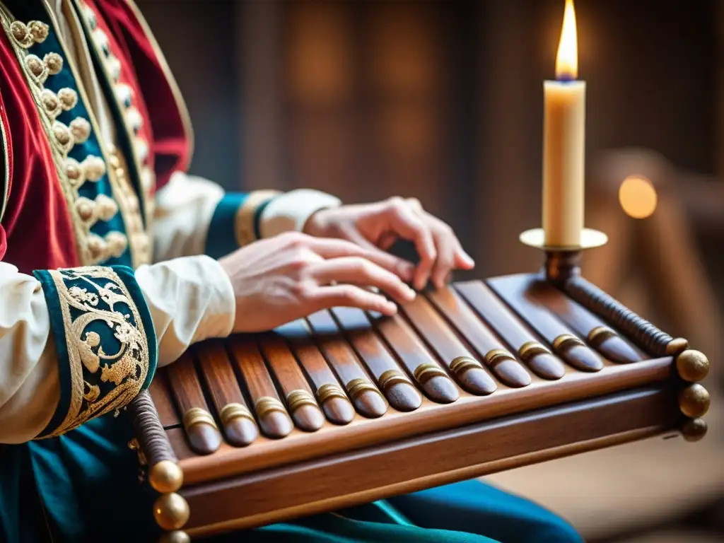 Un músico con traje medieval toca una shawm, con detalles de la madera del instrumento