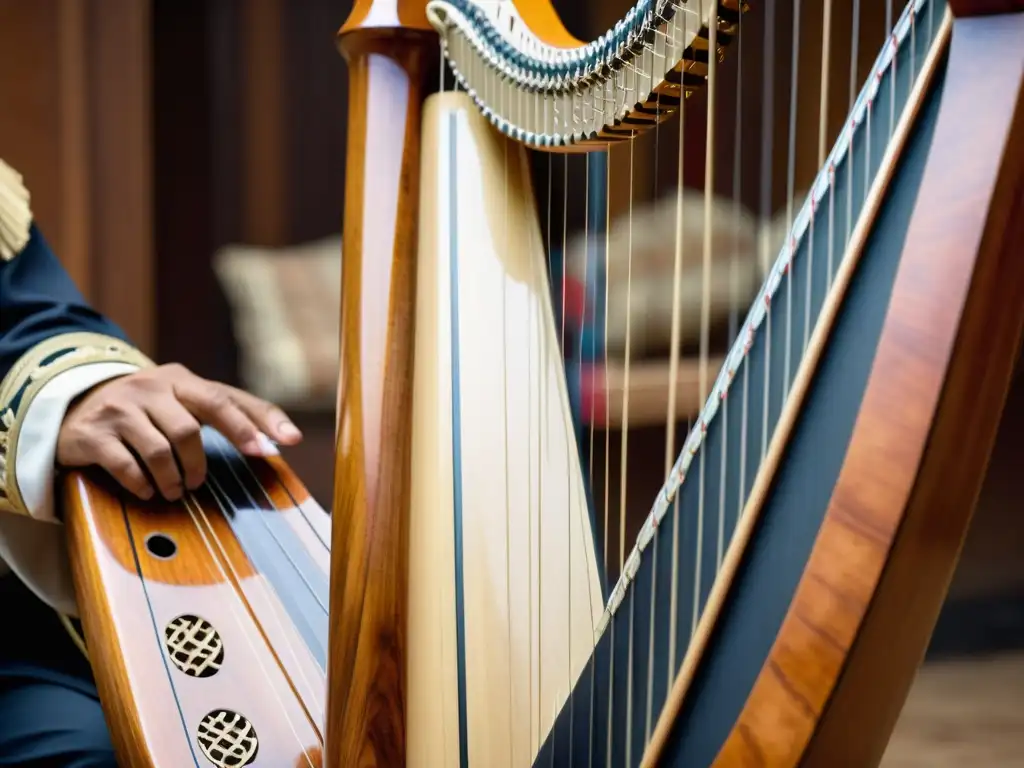 Un músico viste traje típico y toca un arpa paraguaya tradicional en un entorno cultural, mostrando la historia y evolución del arpa paraguaya