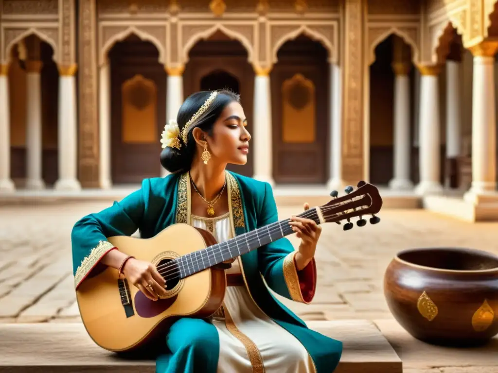 Un músico en traje tradicional toca una citara antigua en un patio palaciego, resaltando la historia de la citara antigua