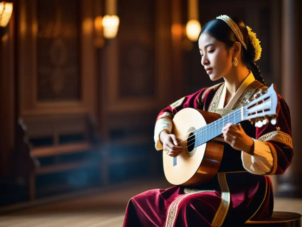 Un músico en traje tradicional toca un antiguo laúd en un teatro histórico