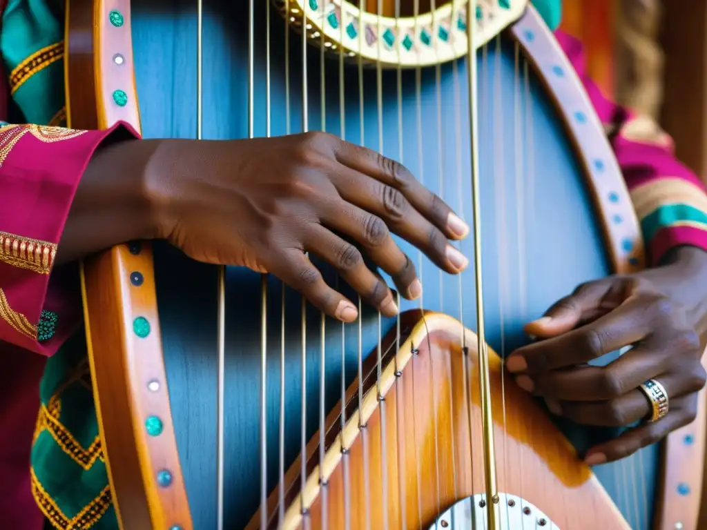 Un músico congoleño viste traje tradicional y toca un arpa Kundi