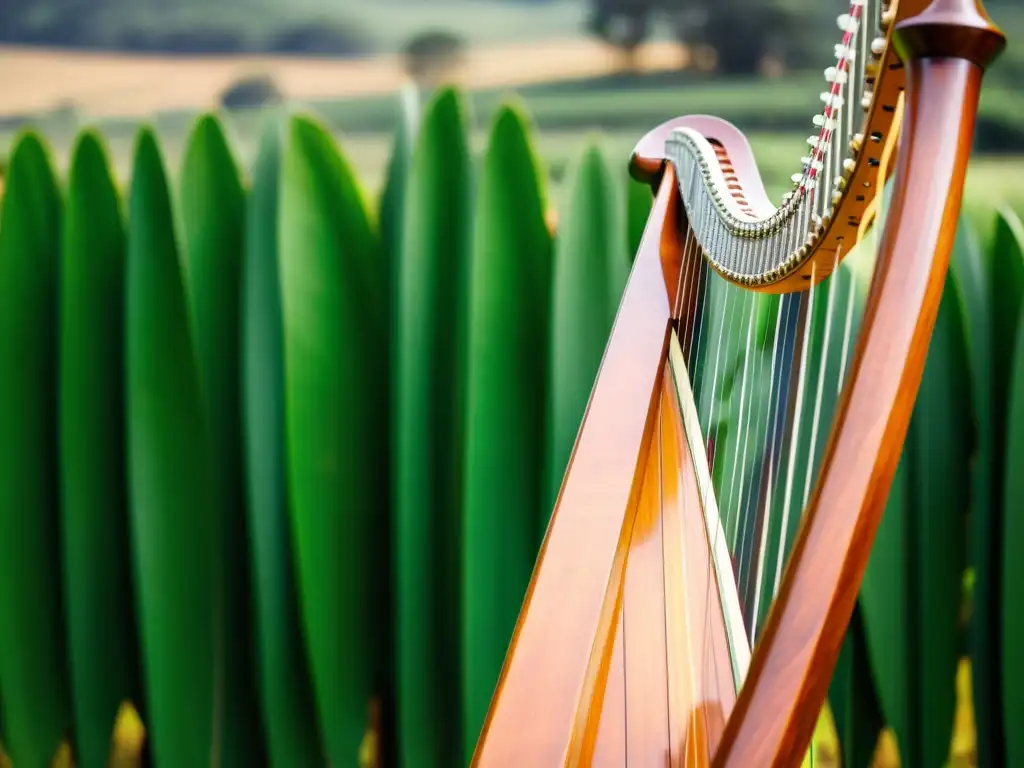 Un músico vistiendo traje tradicional toca un arpa paraguaya con detalles intrincados, en medio de un paisaje exuberante