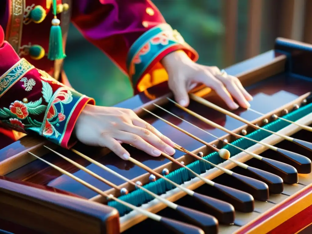 Un músico viste traje tradicional y toca un guzheng chino con destreza, mostrando la historia y legado del guzheng chino