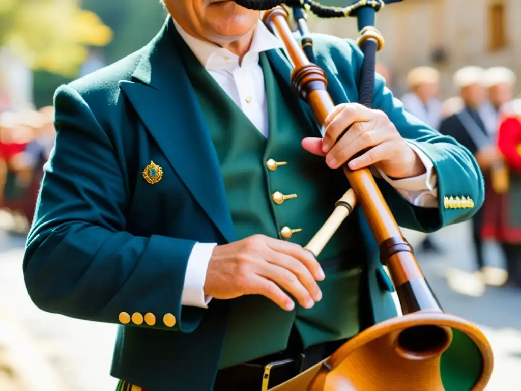 Un músico viste traje tradicional mientras toca una gaita gallega en un festival, capturando el sonido evocador de la gaita gallega