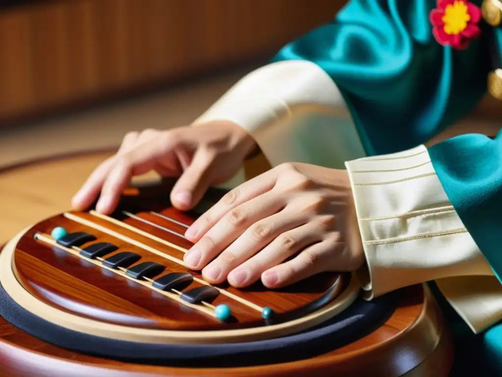 Un músico vistiendo traje tradicional toca el piri coreano, resaltando la madera y los detalles