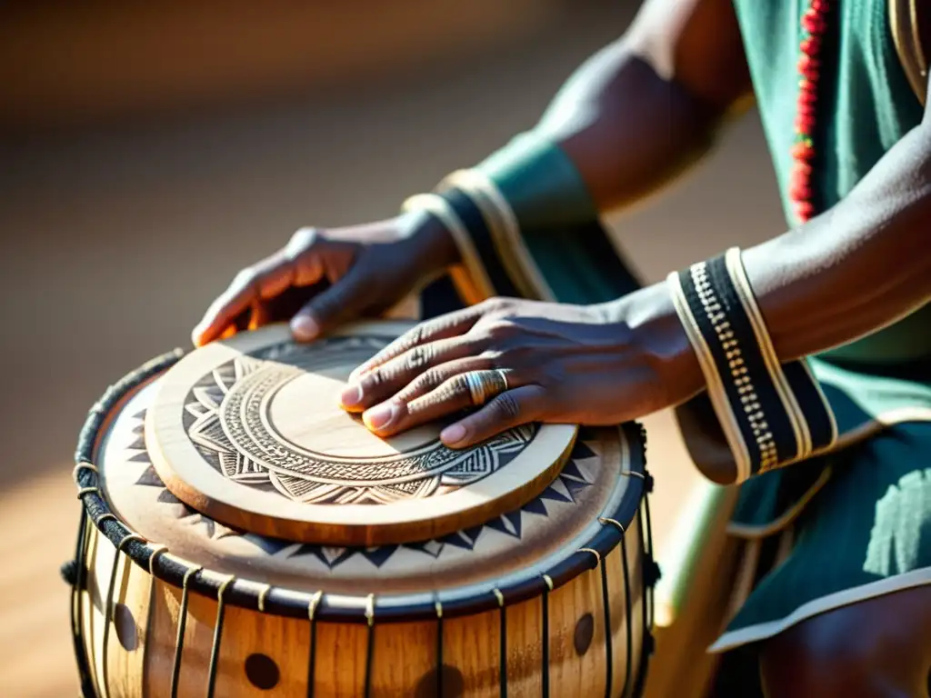 Un músico tribal toca un log drum con pasión, resaltando su textura y patrones tallados