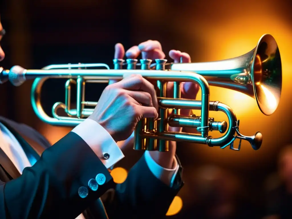 Intenso concierto de trompeta sin válvulas en alta resolución Un músico hábil toca una trompeta sin válvulas en un teatro iluminado