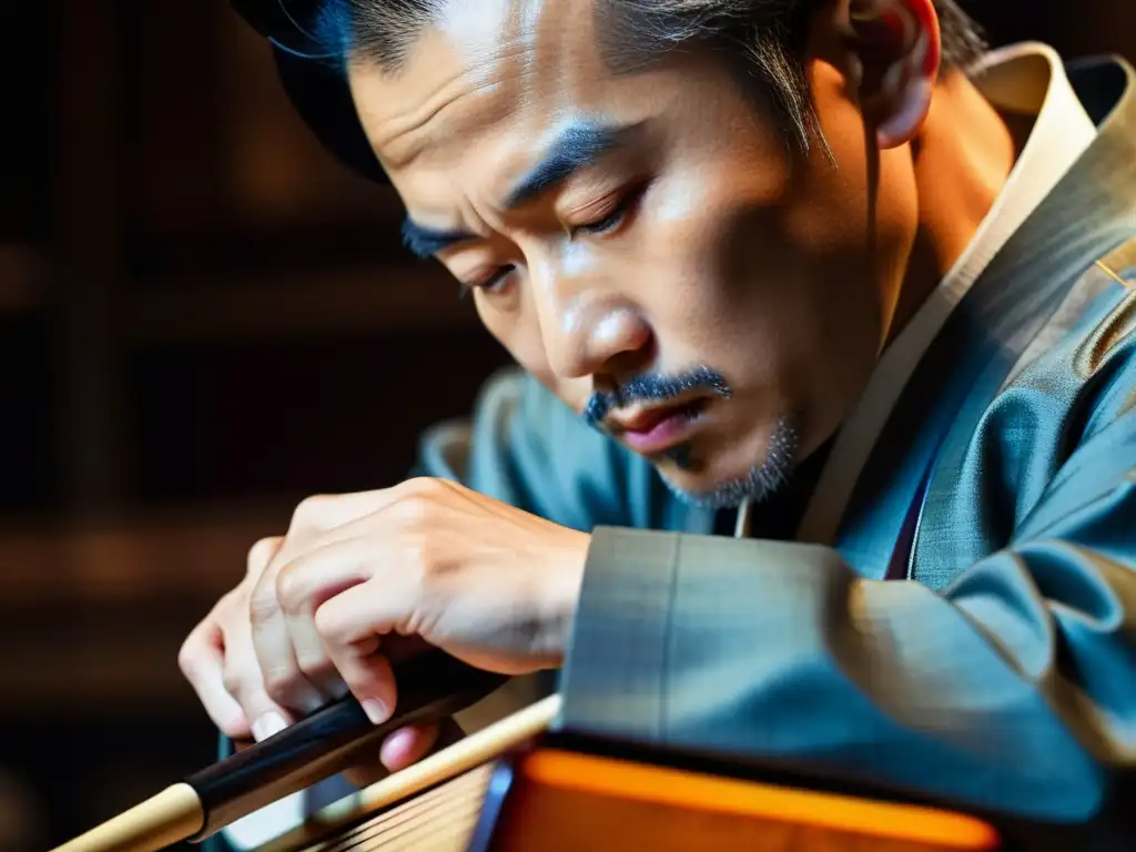 Un músico de Tsugaru Shamisen japonés muestra pasión y destreza al tocar, con expresión concentrada