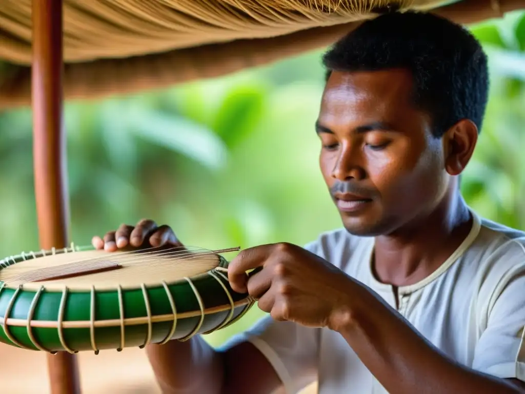 Un músico malgache toca la cítara tubular Valiha, creando un sonido único entre la exuberante vegetación