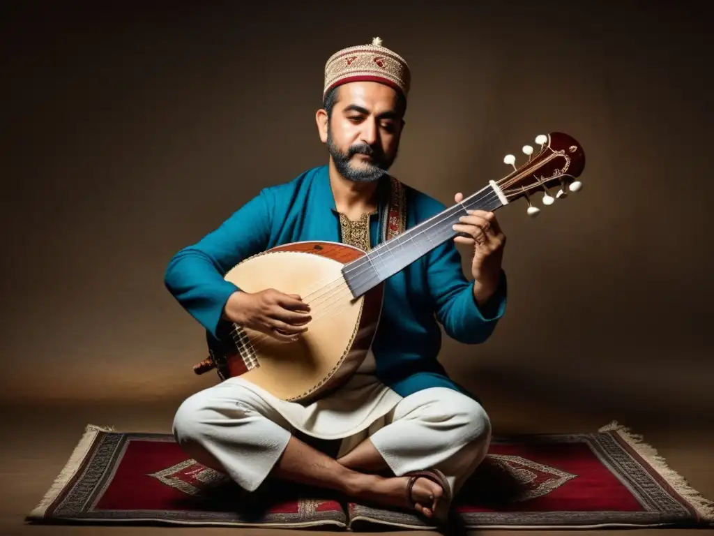 Un músico turco toca el saz en un ambiente atmosférico, capturando la historia y el sonido del saz turco