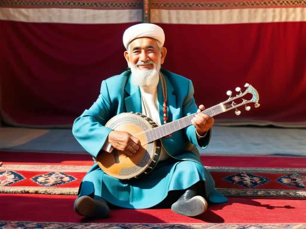 Un músico turcomano anciano toca con reverencia su dutar en una habitación llena de historia del dutar turcomano