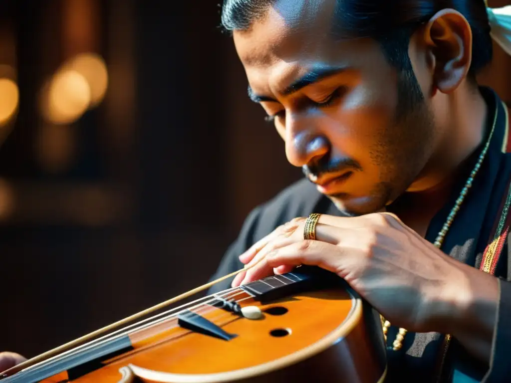 Un músico turcomano hábil interpreta una melodía tradicional con su dutar en una atmósfera cálida y evocadora